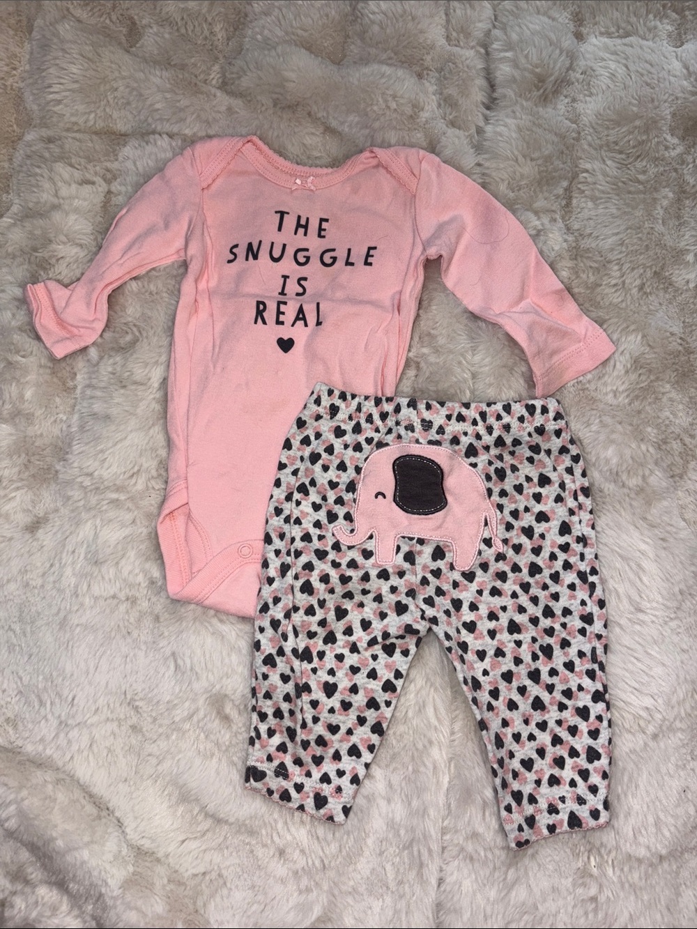 Carter's Pink 'The Snuggle Is Real' One-Piece with Heart Print Elephant Pants